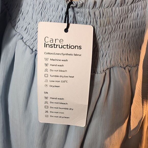 NWT Exlura Baby Blue Mini Dress Lantern Sleeves Tie Back Ruched Waist Size M - Picture 8 of 8